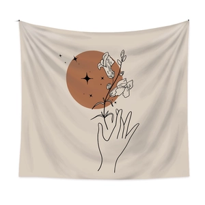 Morandi minimalist wall tapestry with artistic hand and botanical line art for home decor
