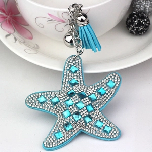 Sparkling blue starfish keychain with crystal rhinestones and matching silk tassel charm