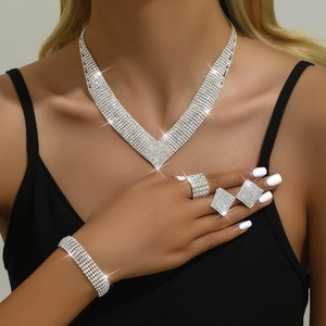 Elegant Bridal Rhinestone Alloy Necklace Bracelet Earrings And Ring Sparkly Wedding Party Dress Accessory For Women Silver Tone
