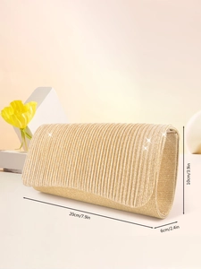 Detailed size specifications for the pleated gold evening clutch bag showing dimensions