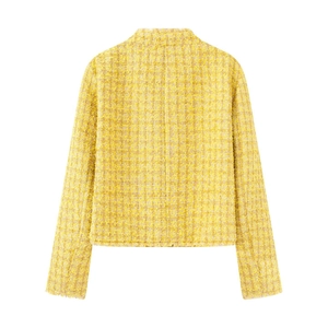 Back view of elegant yellow tweed jacket for women featuring fringe hem and woven texture