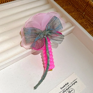 Pink floral hair clip with sparkling mesh bow, sweet aesthetic hair accessory for girls.