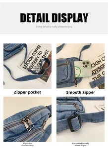 Detail view of denim crossbody bag showing adjustable straps and smooth metal zippers