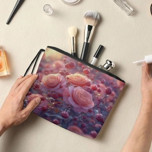 Floral print makeup bag with rose pattern and zipper storage for cosmetics and brushes