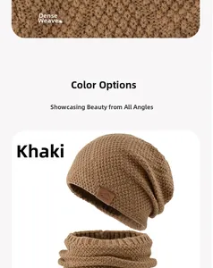 Macro detail of khaki knit texture and sport patch on men's winter beanie set