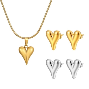 Ensemble collier pendentif cœur et boucles d'oreilles plaqué or 18K design 3D