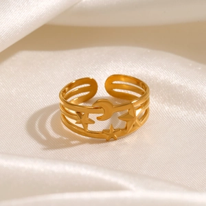 French vintage gold plated stainless steel open ring with celestial star and moon design