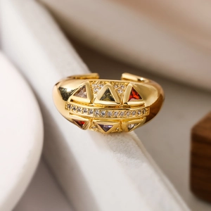 Gold-plated open ring featuring multi-color triangular zircons and micro-pave detailing