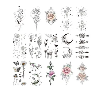 Waterproof butterfly floral temporary tattoos with black line and watercolor designs