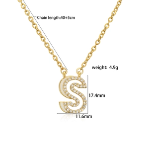 Detail shot of gold S-letter necklace with size specs: 17.4mm height and 40+5cm chain