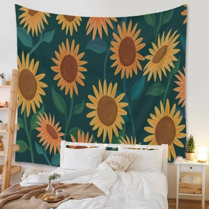 Detail of bohemian sunflower tapestry hanging over a bed in a cozy bedroom setting