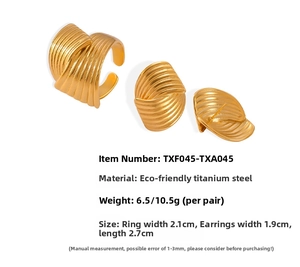 Detailed view of layered gold-tone titanium steel ring and earring set with pleated texture