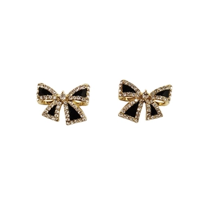 Exquisite S925 silver bow earrings with black enamel and sparkling crystal details