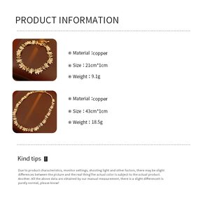 Détails du collier et bracelet en zircon doré avec dimensions et informations de poids