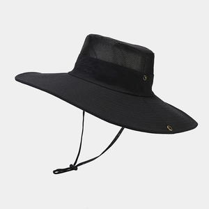 Close-up of breathable mesh crown and Sport logo on black outdoor sun hat strap