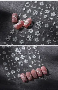 Macro view of 3D flower nail stickers with rhinestone accents and elegant script motifs