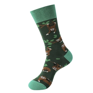 Detailed knit texture of green sloth and leaf pattern crew socks with contrasting toe