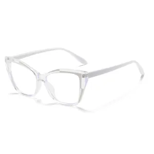 Cat-eye blue light blocking glasses with transparent frames and white temples