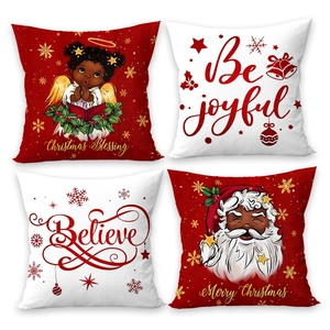 Set of 4 Christmas pillow covers featuring Santa Claus and angel prints on linen fabric