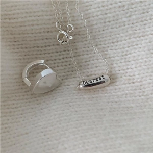 Minimalist 925 sterling silver necklace and heart earring set with Dearest engraving