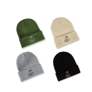 Minimalist I'M COLD knitted beanies in dark green, beige, light grey and black