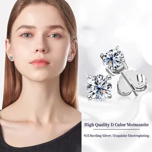 Moissanite Stud Earrings D Color Round Brilliant Cut Four Prong Minimalist Jewelry For Women In 925 Sterling Silver