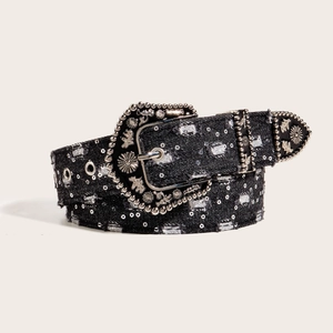 Vintage black denim belt with silver sequins and large retro metal buckle for skirts