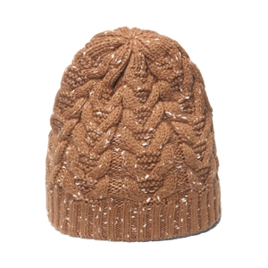 Detail of caramel brown cable knit texture and elastic ribbed cuff on the winter beanie
