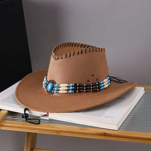 Brown felt western cowboy hat with turquoise bead band and hand-stitched black trim