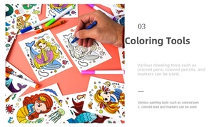 Detail showing hand coloring mermaid card with blue crayon for kids DIY art