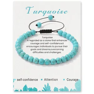 6mm turquoise stone bead bracelet with adjustable black braided cord on display card