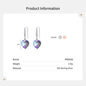 S925 sterling silver drop earrings featuring heart-shaped purple gradient crystals