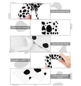 Detail view of Dalmatian costume set including spotted ears, tail, and socks for Halloween