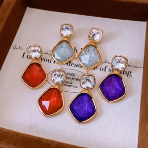 Geometric Drop Earrings With Silver Earring Post Retro Alloy Resin Fiber Texture Irregular Crystal Dangle Jewelry For Women