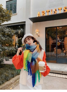 Detail shot of rainbow plaid scarf with long tassels and thick warm cashmere-like texture