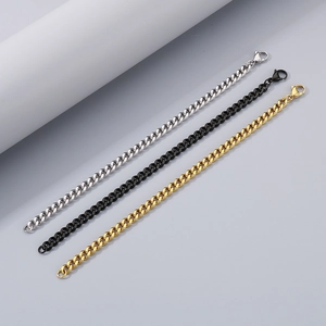 Men's minimalist stainless steel cuban chain bracelets in silver, black, and gold colors