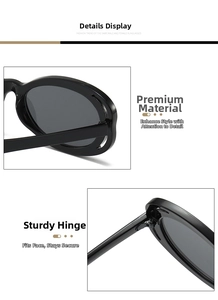 Detail view of oval sunglasses showing sturdy metal hinges and black frame texture