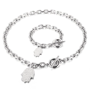 Silver stainless steel Hamsa hand necklace and bracelet jewelry set with toggle clasp
