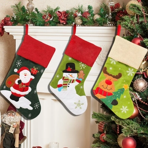 Christmas Stocking Gift Bag Linen Embroidery Santa Claus Snowman Reindeer Fireplace Holiday Party Decor For Kids Family