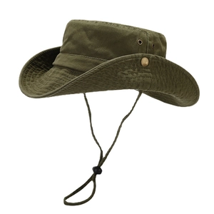 Army green wide brim canvas sun hat with breathable metal eyelets and chin strap