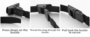 Detailed guide showing the step-by-step locking mechanism of the tactical nylon belt buckle