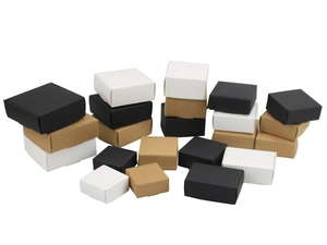 Trio of black, white and kraft paper gift boxes in various square and rectangular sizes