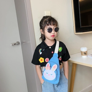 Cute blue rabbit canvas chest bag for kids with 3D cartoon bunny and pink sequin bow