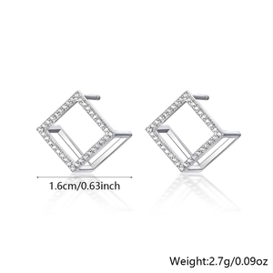 Close-up of square S925 sterling silver stud earrings with sparkling crystals