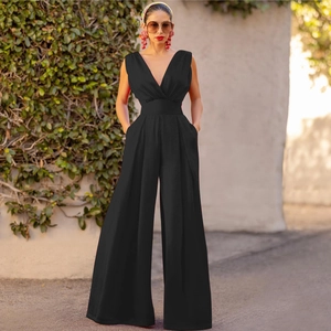 Fashionable black deep V-neck sleeveless wide leg jumpsuit with high waist fit for women