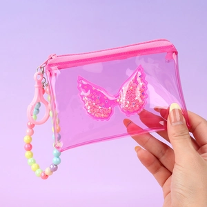 Pink transparent PVC coin purse with glitter bow and colorful bead chain accessory