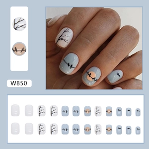 Short blue sunset silhouette press-on nails with tree and moon pattern W850 set