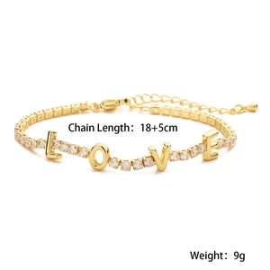 Detail view of 18K gold plated LOVE bracelet with chain length 18+5cm and clear zircons