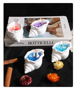 Artistic seashell aromatherapy candles with pearl and star glitter on art book