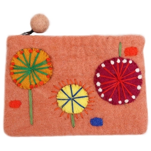Handmade wool felt coin purse with dandelion embroidery and round pompom zipper pull